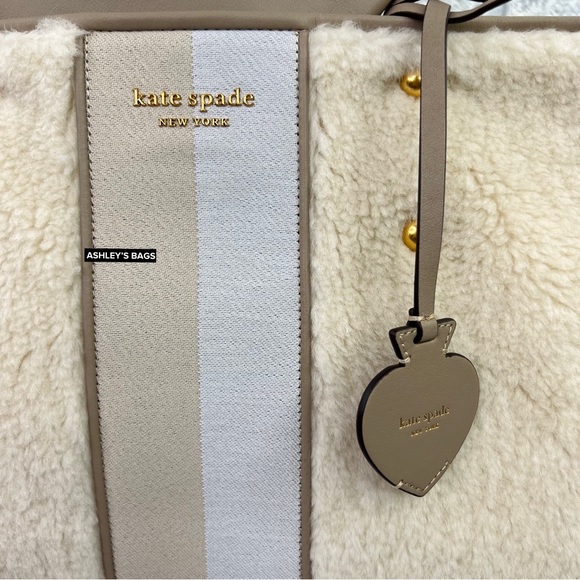 Kate Spade Everything Racing Stripe Faux Shearling Large Tote In Cream Multi - Picture 2 of 16